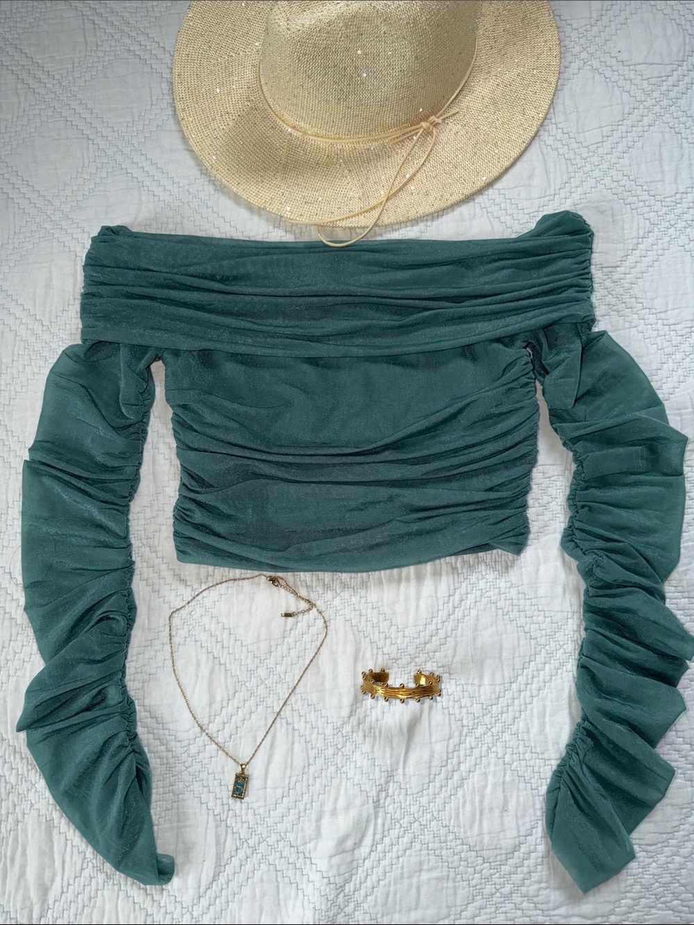 Zara Off-Shoulder Ruched Crop Top - Teal